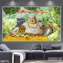 Tranh Phật Di Lặc bên hồ sen giả thanh ngọc in 3d