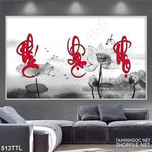 Tranh phúc chữ lộc thọ bên hồ sen nghệ thuật