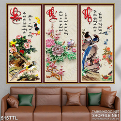 Tranh trang trí chữ phúc lộc thọ bên hoa mẫu đơn