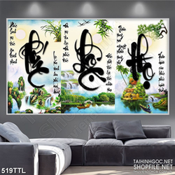 Tranh thủy mặc phúc lộc thọ đón may mắn in 3d