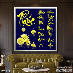 Tranh trang trí chữ phúc bên hoa mẫu đơn dáp vàng