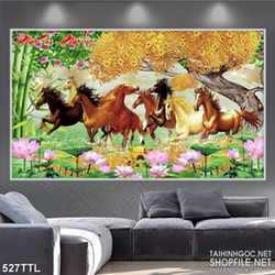 Tranh tài lộc đàn ngựa phi bên cây kim tiền