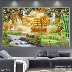 Tranh in treo tết con tàu căng buồm trên biển vàng