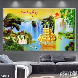 Tranh con tàu căng buồm bên thác nước trắng in 3d