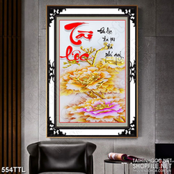 Tranh decor tài lộc bên hoa mẫu đơn khoe sắc