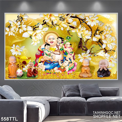 Tranh in treo tết Phật Di Lặc bên rừng mai vàng