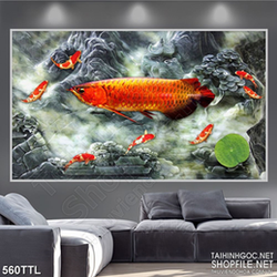 Tranh in canvas cá chép vàng vượt sóng dữ dội