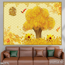Tranh wall 3d rừng cây kim tiền bên hoa mẫu đơn