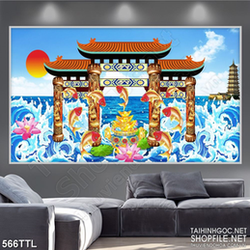 Tranh in uv đàn cá chép vượt vũ môn hóa rồng