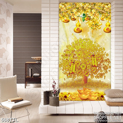 Tranh in treo tết giàn bầu đúc vàng bên cây kim tiền