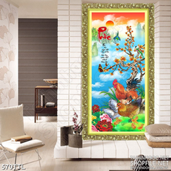 Tranh in canvas chú gà trống bên gốc cây đào