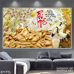 Tranh psd Phật Di Lặc dưới gốc cây đào nở rộ