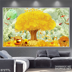 Tranh cây kim tiền trên núi giả ngọc wall 3d