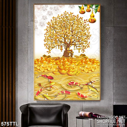 Tranh cây kim tiền bên giàn bầu dáp vàng trang trí