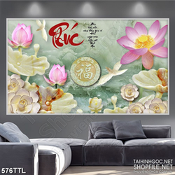 Tranh in uv chữ phúc trên đầm hoa sen giả ngọc