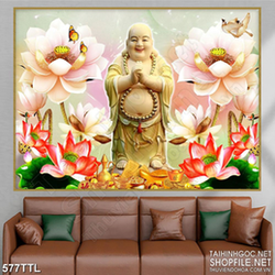 Tranh tài lộc Phật Di Lặc trên đầm sen giả ngọc