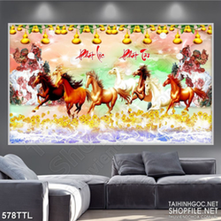 Tranh in treo tết đàn ngựa trên dòng sông kim tiền