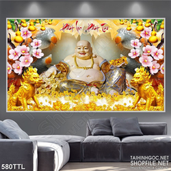 Tranh in canvas Phật Di Lặc bên rừng hoa đào