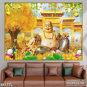 Tranh psd Phật Di Lặc bên cây kim tiền phong thủy