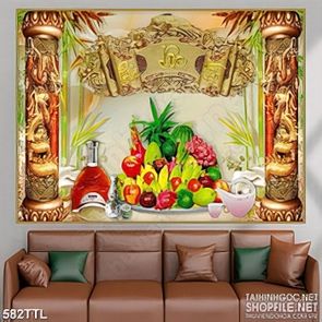 Tranh wall 3d chữ lộc trên mâm ngũ quả đón tết