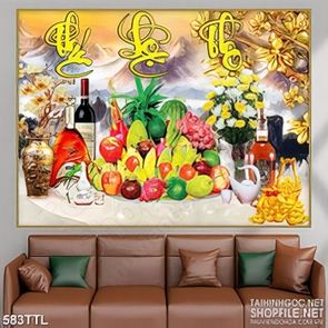 Tranh nghệ thuật mâm ngũ quả phúc lộc thọ dáp vàng