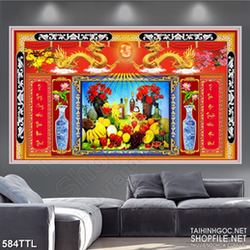 Tranh mâm ngũ quả bên đôi rồng vàng decor