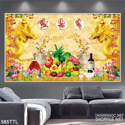 Tranh trang trí song rồng vàng bên mâm ngũ quả