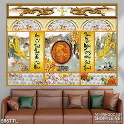 Tranh in uv đôi phượng hoàng dáp vàng bên chữ phúc