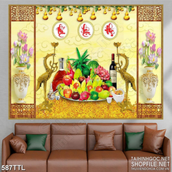 Tranh tài lộc mâm ngũ quả bên đôi chim hạc dáp vàng