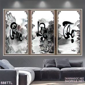 Tranh thủy mạc in chữ phúc lộc thọ treo tết