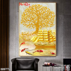 Tranh cây kim tiền bên con tàu căng buồm in 3d