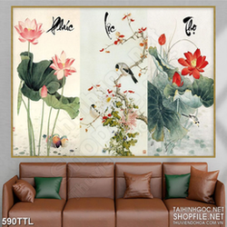 Tranh ghép phúc lộc thọ bên hồ hoa sen in canvas