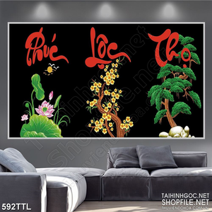 Tranh chữ phúc lộc thọ bên cành mai vàng wall 3d