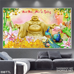 Tranh in treo tết Phật Di Lặc bên đôi chim công xanh