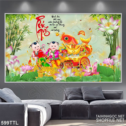 Tranh cá chép vàng bên các chú tiểu linh đồng in 3d