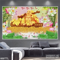 Tranh in canvas Phật Di Lặc bên đầm sen