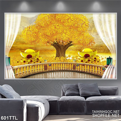 Tranh psd rừng cây kim tiền bên trời dáp vàng