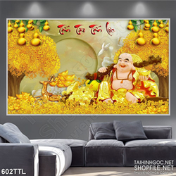 Tranh wall 3d Phật Di Lặc bên rừng cây kim tiền