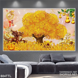 Tranh decor kì lân bên rừng cây kim tiền treo tết