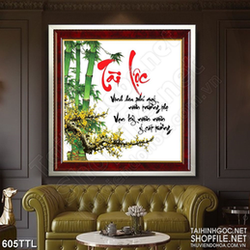 Tranh trang trí rừng tre xanh bên chữ tài lộc