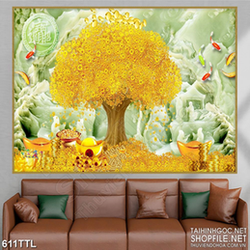 Tranh psd cây kim tiền bên núi giả thanh ngọc