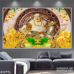 Tranh Phật Di Lặc bên núi kim tiền wall 3d