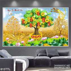 Tranh nghệ thuật phượng hoàng bên cây kim tiền