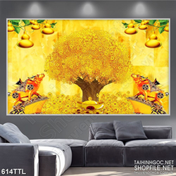 Tranh decor đôi trâu vàng bên cây kim tiền