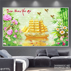 Tranh tài lộc con tàu căng buồm trên mặt hồ nước