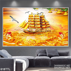 Tranh in treo tết tàu căng buồm trên biển đúc vàng