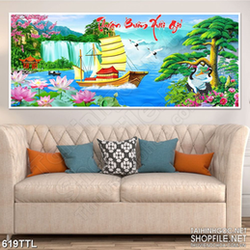 Tranh con thuyền căng buồm bên thác nước in 3d