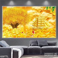 Tranh in canvas cây kim tiền trên biển vàng