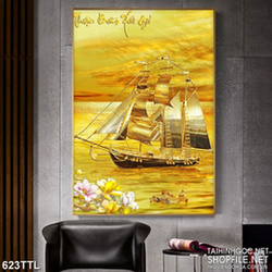 Tranh nghệ thuật con tàu căng buồm giữa biển vàng