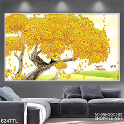 Tranh decor cây kim tiền trên nền cỏ xanh